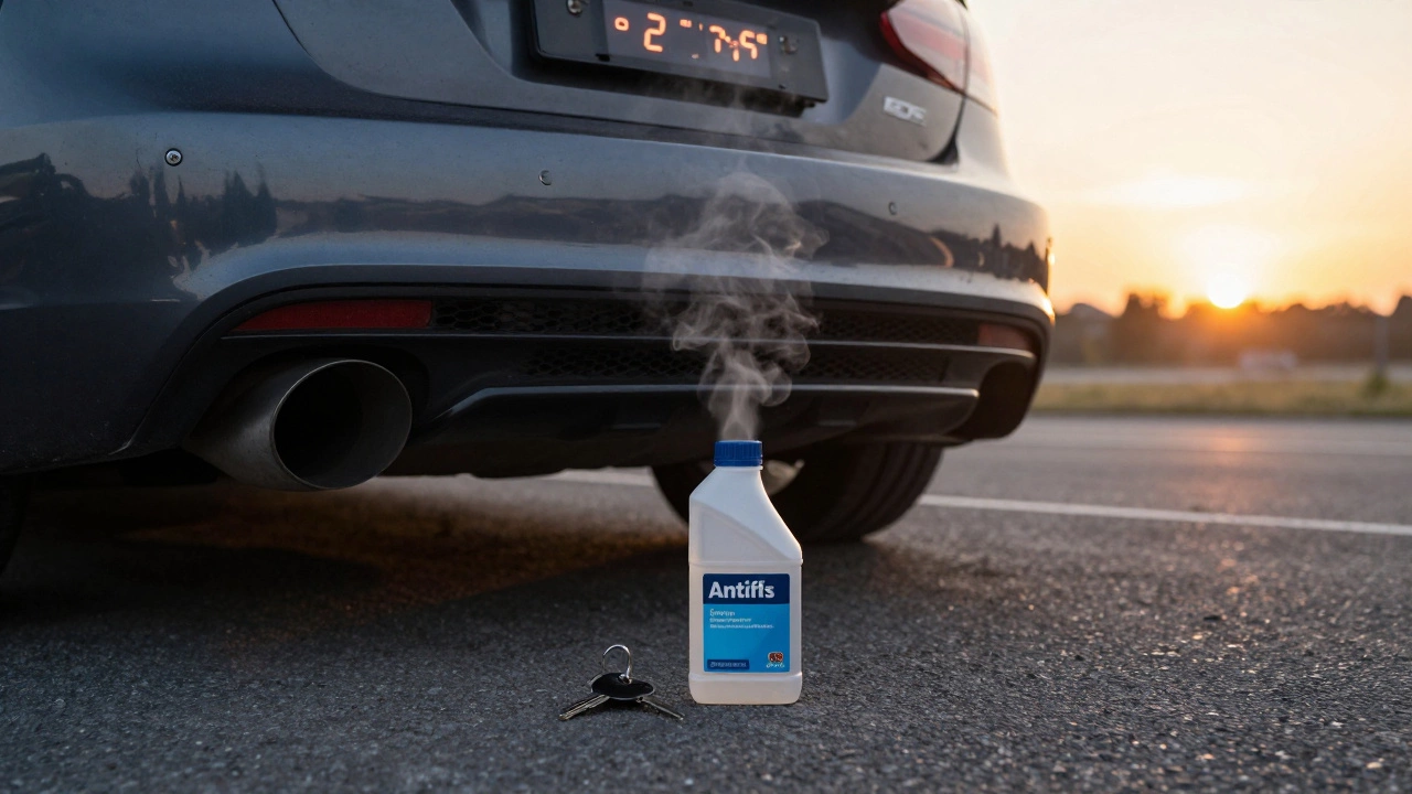 Автомобиль на закате, двигатель еще дымится, на приборной панели таймер на 2 минуты, рядом ключи и антифриз.