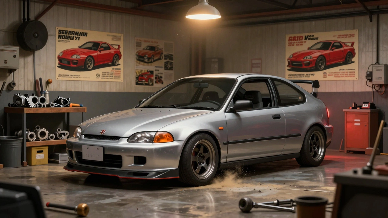 Honda Civic EG6 в японском гараже с инструментами и оригинальными запчастями.