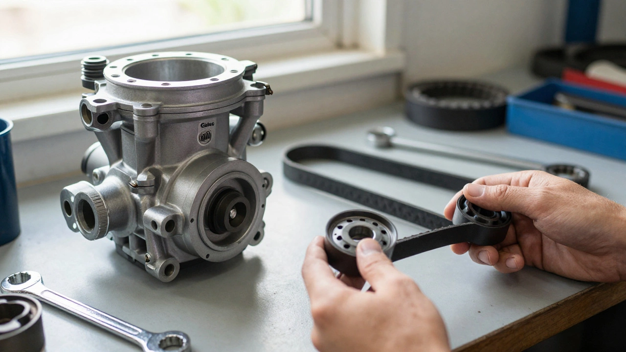 Качественный водяной насос и новый ремень ГРМ на рабочем столе механика.