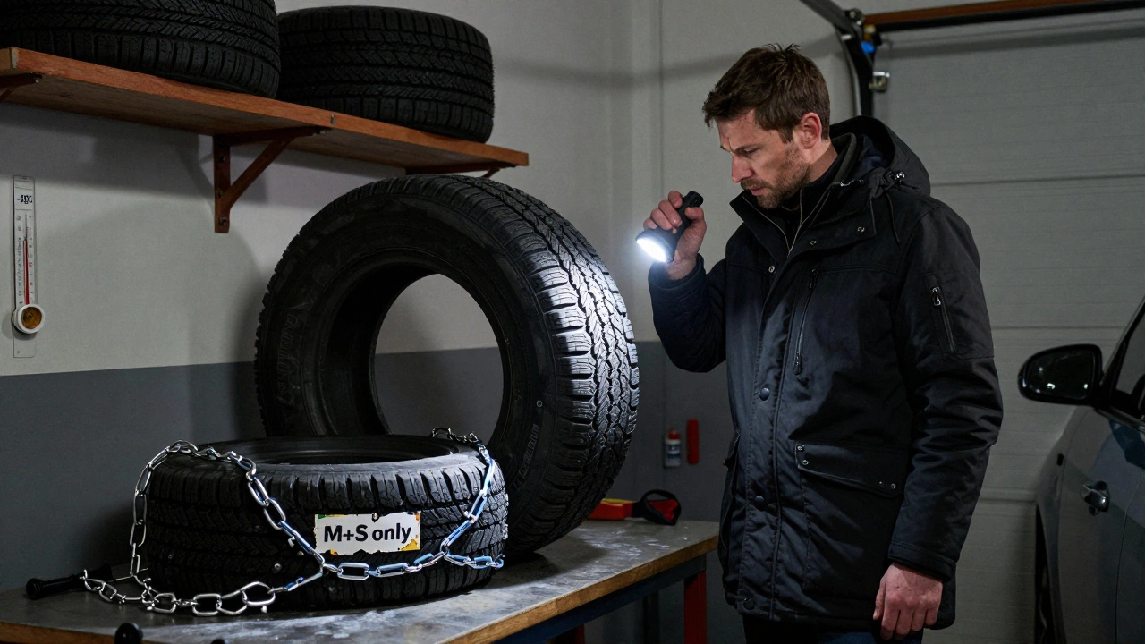 Мужчина осматривает шину в гараже в Перми, на столе лежат зимние покрышки и цепи, температура -18°C.