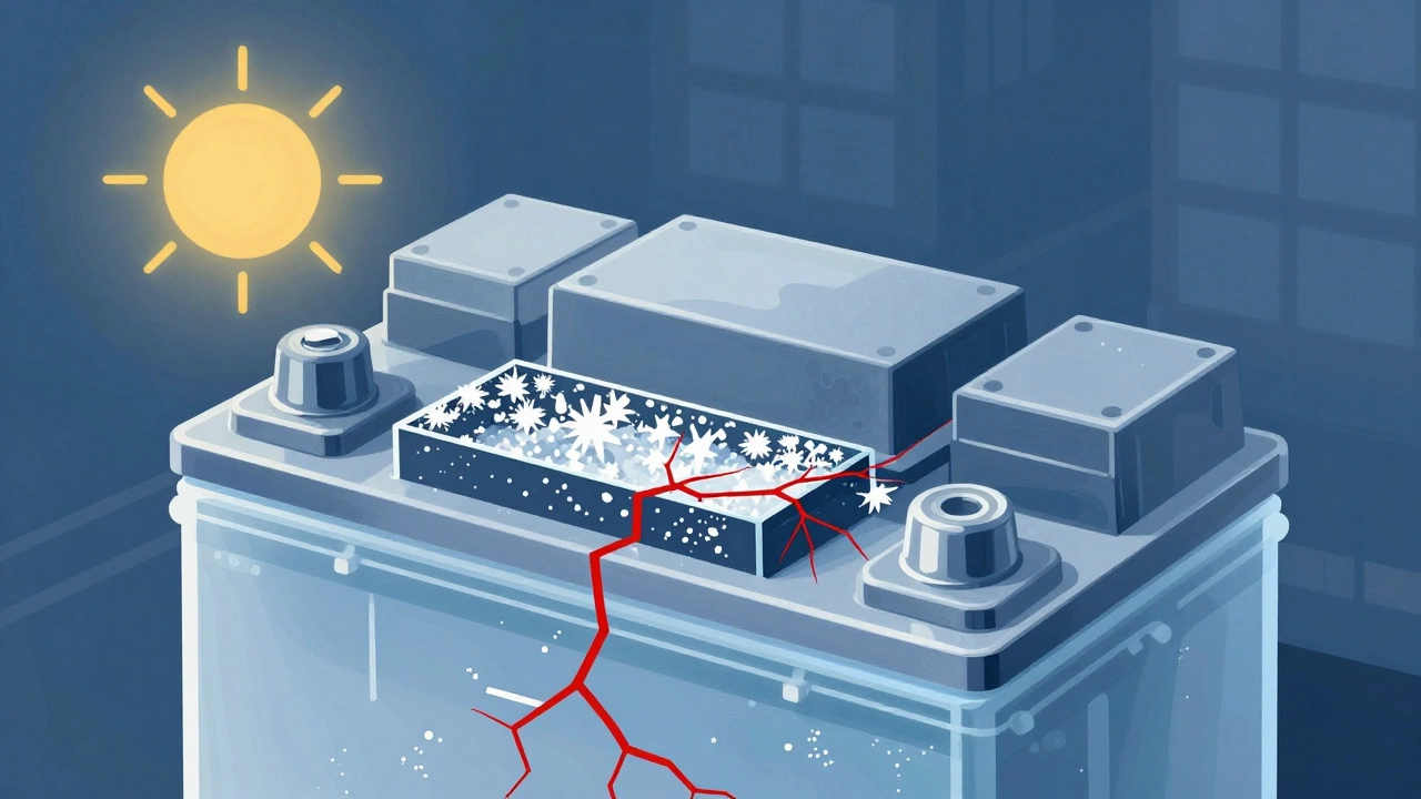 Прозрачный разрез автомобильного аккумулятора с кристаллами сульфата на пластинах.