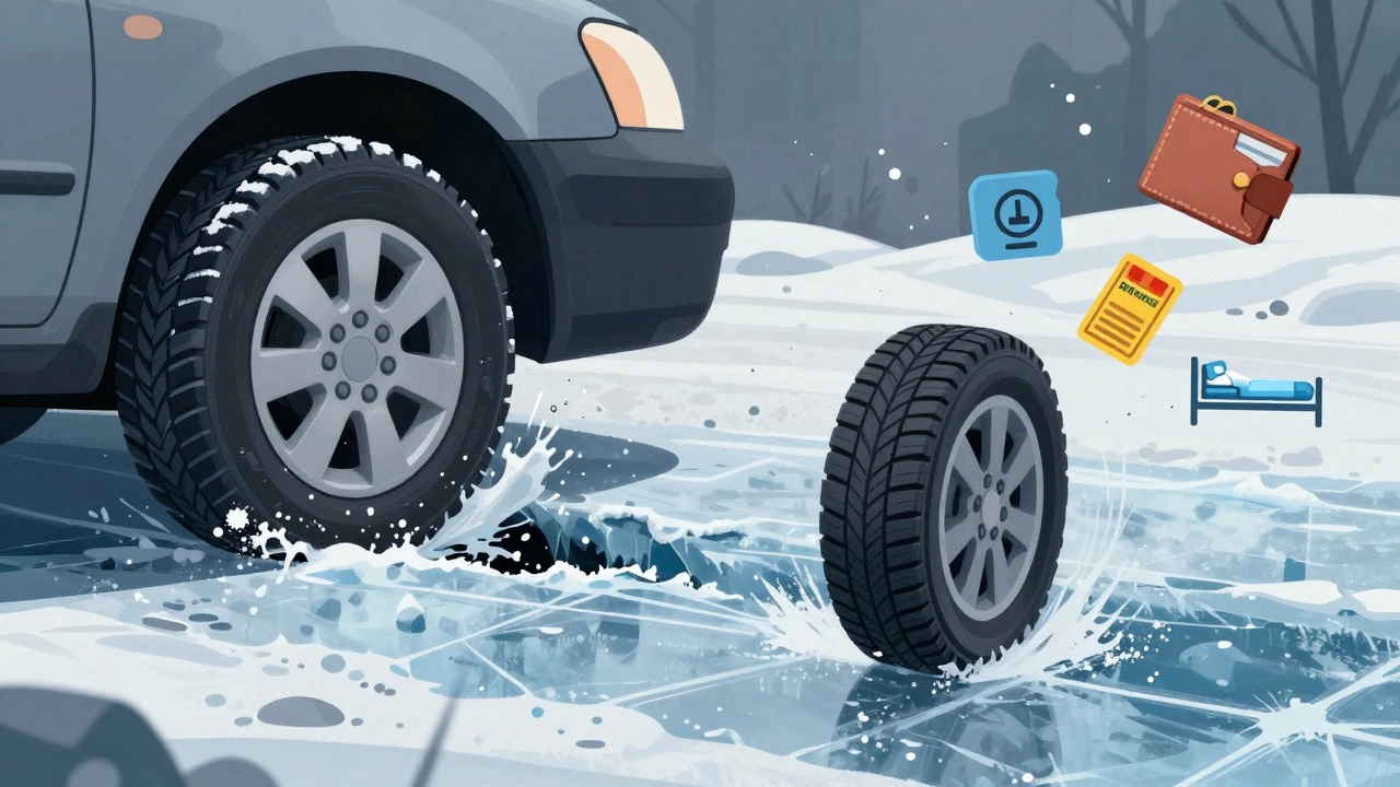 Разделённое изображение: зимние шины цепляются за лёд, всесезонные скользят — с символами риска и расходов.