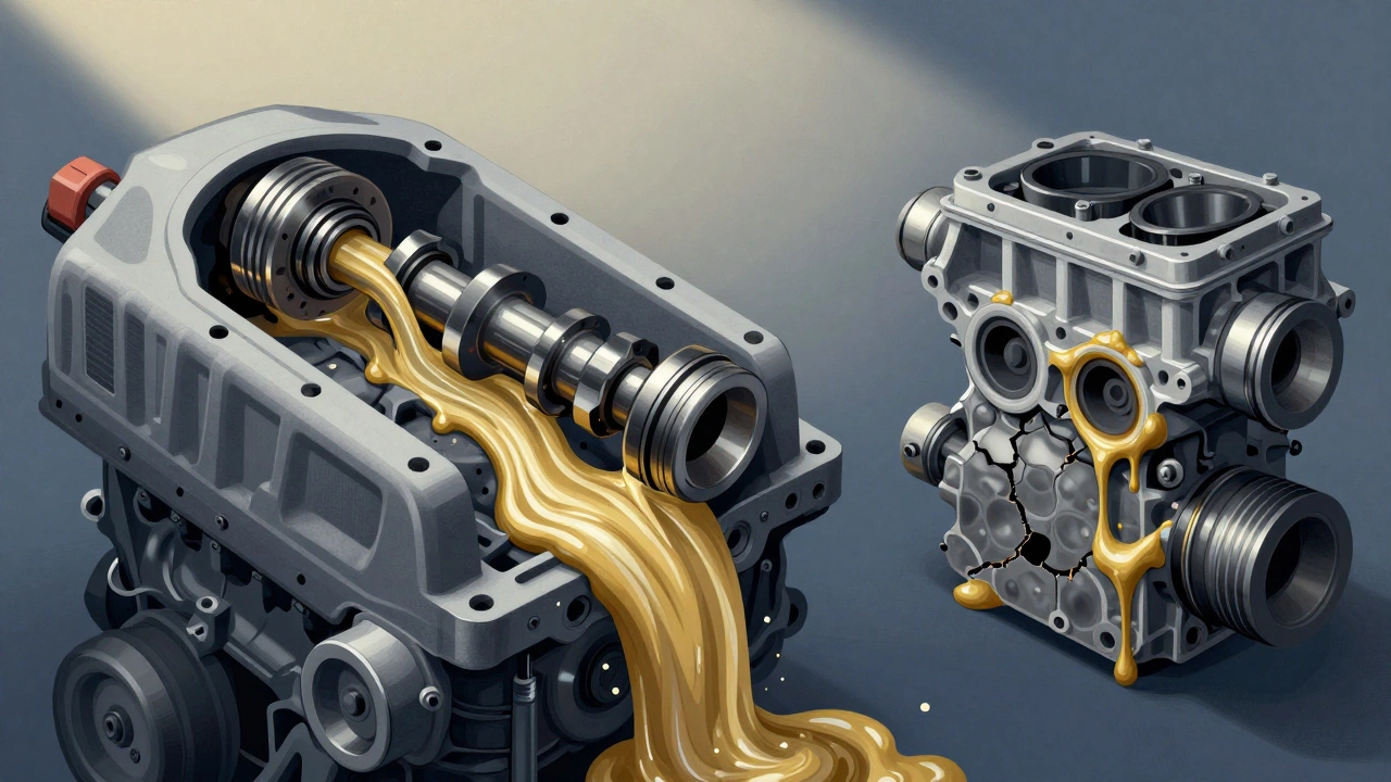 Разрез двигателя: синтетическое масло защищает детали, минеральное масло разлагается в условиях мороза.