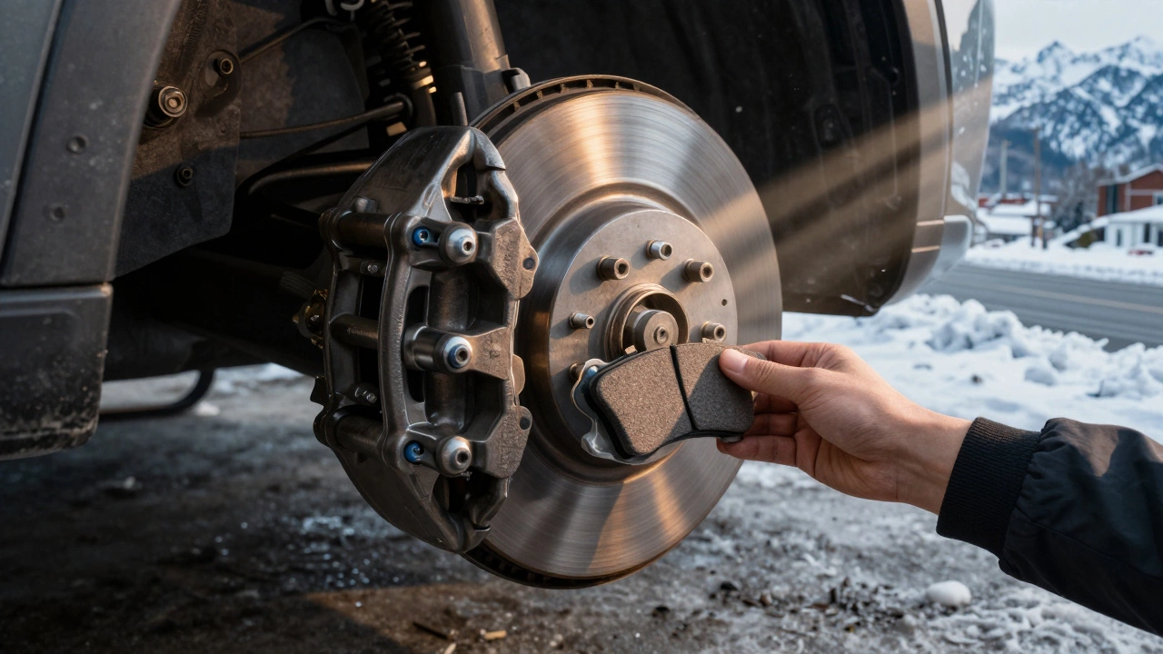 Рука устанавливает керамические тормозные колодки, позади — город и зимняя дорога, показывающие разные условия эксплуатации.