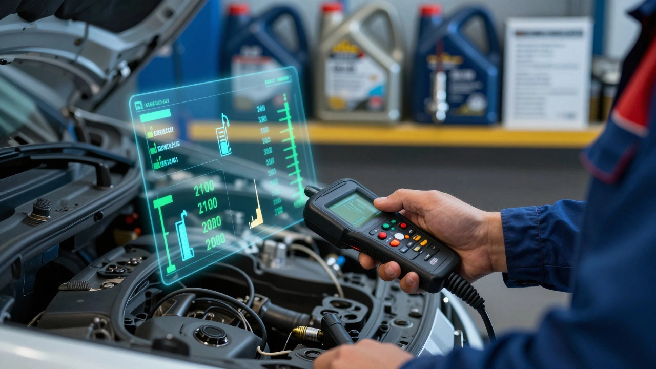 Руки механика с диагностическим сканером, показывающие здоровые параметры двигателя.