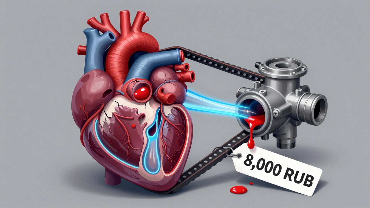 Схематичное изображение двигателя как сердца с протекающим насосом и ценой ошибки.