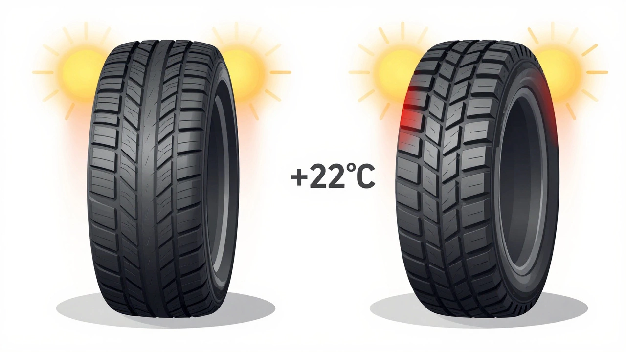 Сравнение поперечных сечений летней и M+S шин при высокой температуре