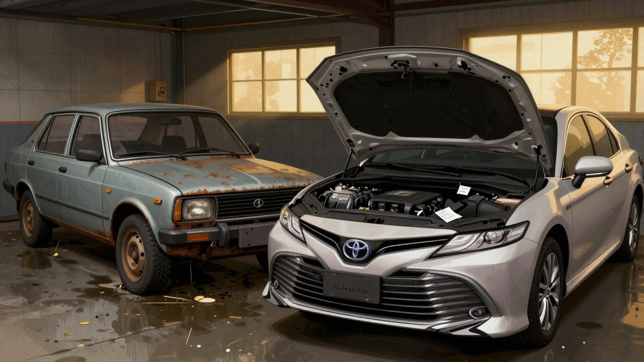 Сравнение: запущенная Лада в гараже и аккуратная Камри с чеками на приборной панели.