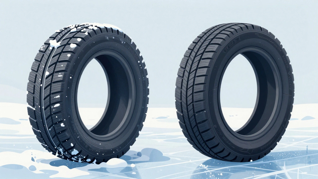 Сравнение зимней и всесезонной шин на льду: одна цепляется за лед, другая скользит.