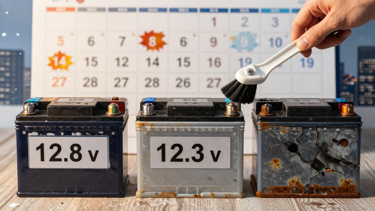 Три аккумулятора: новый, изношенный и мёртвый, с календарём и кисточкой для чистки.