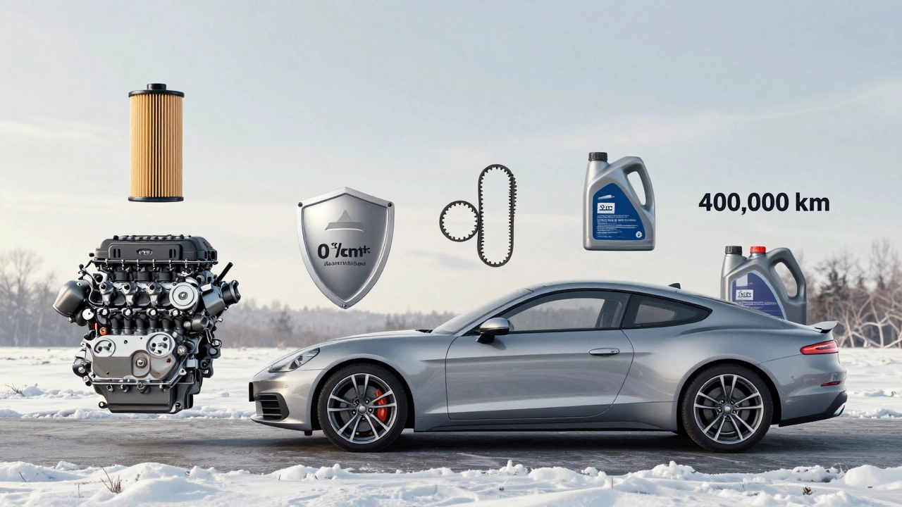 Временная шкала жизни двигателя с защитными элементами, показывающая 400 тысяч км пробега.