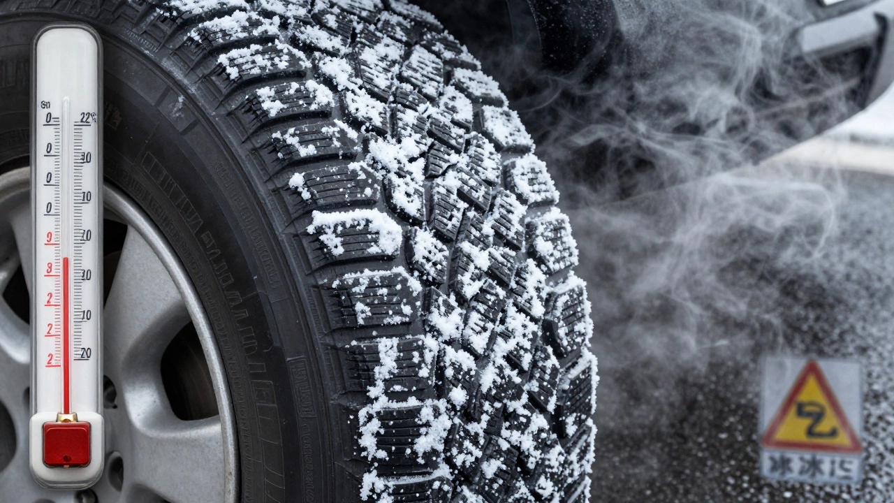 Замерзшая всесезонная шина с трещинами и заснеженными канавками при температуре -25°C.