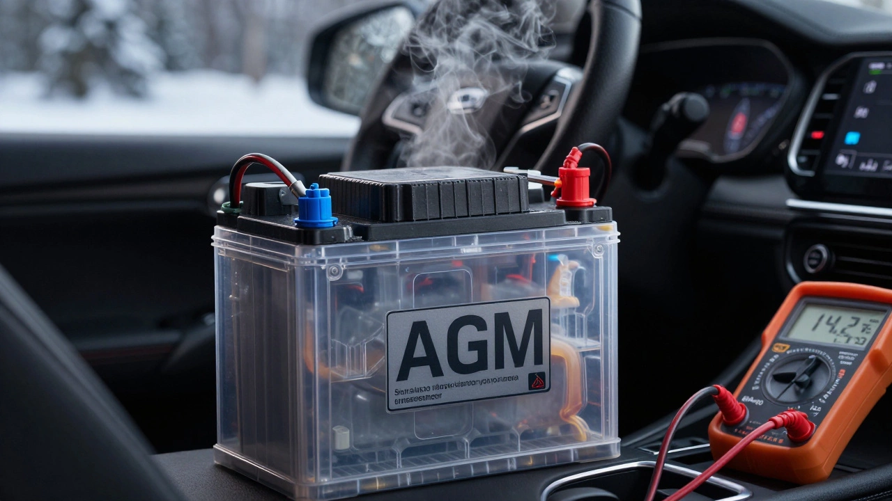 AGM-аккумулятор с видимой стекломатовой структурой рядом с автомобилем с системой старт-стоп и мультиметром, показывающим 14,2 В.