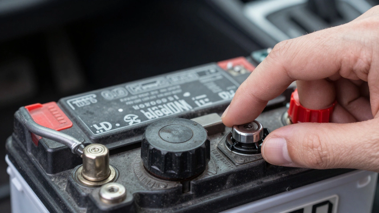 Близкий план клемм аккумулятора: чёрный минус слева, красный плюс справа, рука у клеммы.