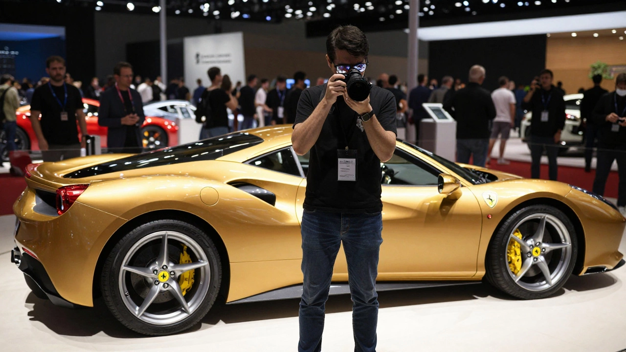 Человек внимательно смотрит на Ferrari 488 на автосалоне, фотографируя задние колёса.