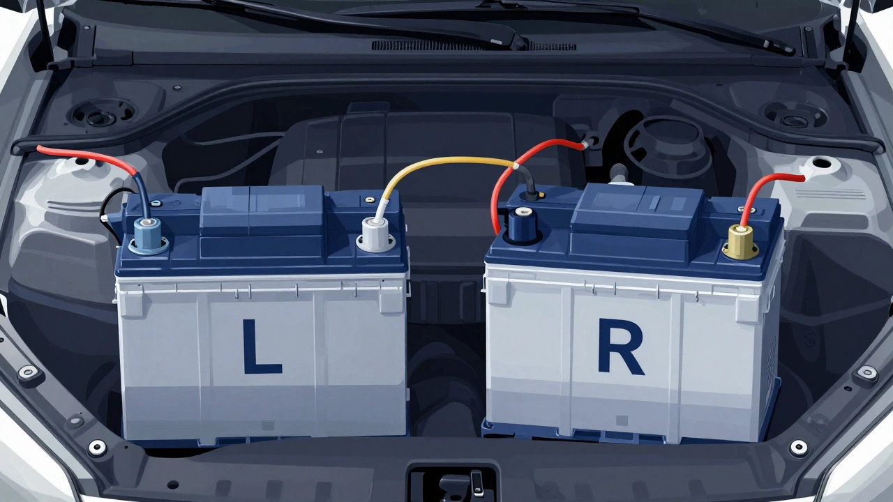 Два аккумулятора: один с левой, другой с правой полярностью, показывающие различия в подключении кабелей.