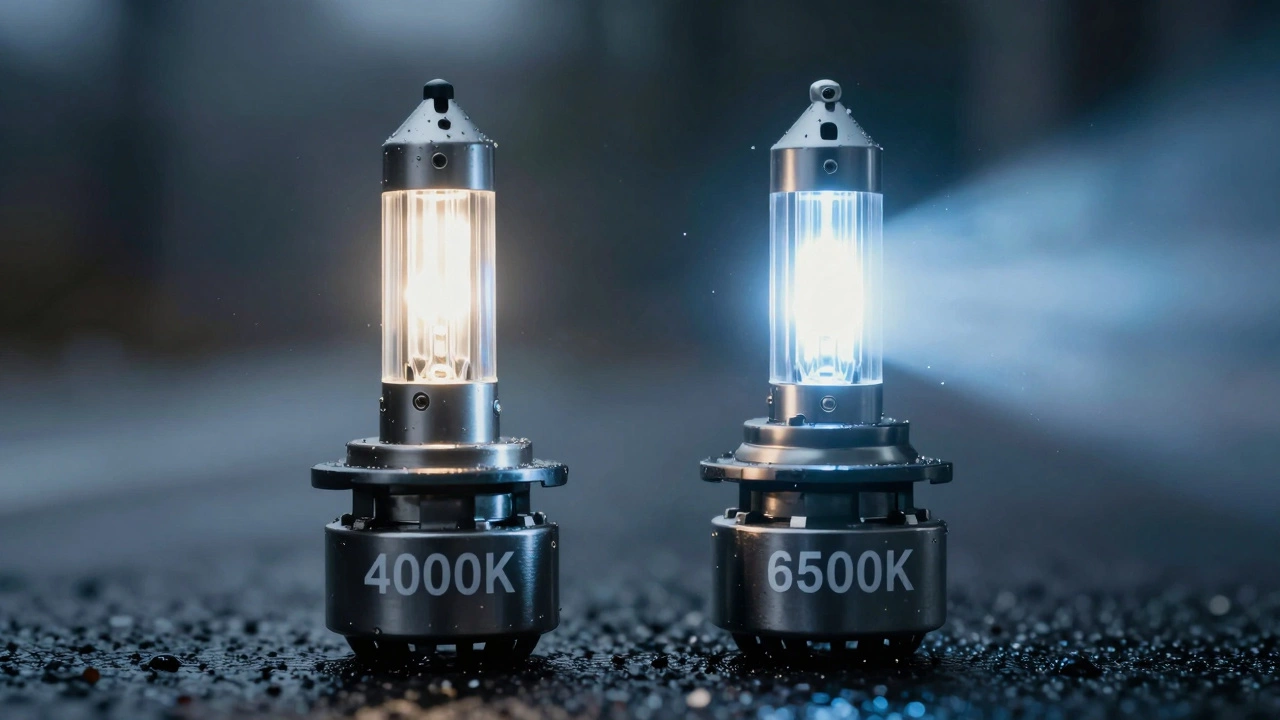 Две автомобильные лампы: одна светит тёплым белым, другая — холодным синим, демонстрируя разницу в рассеивании света.