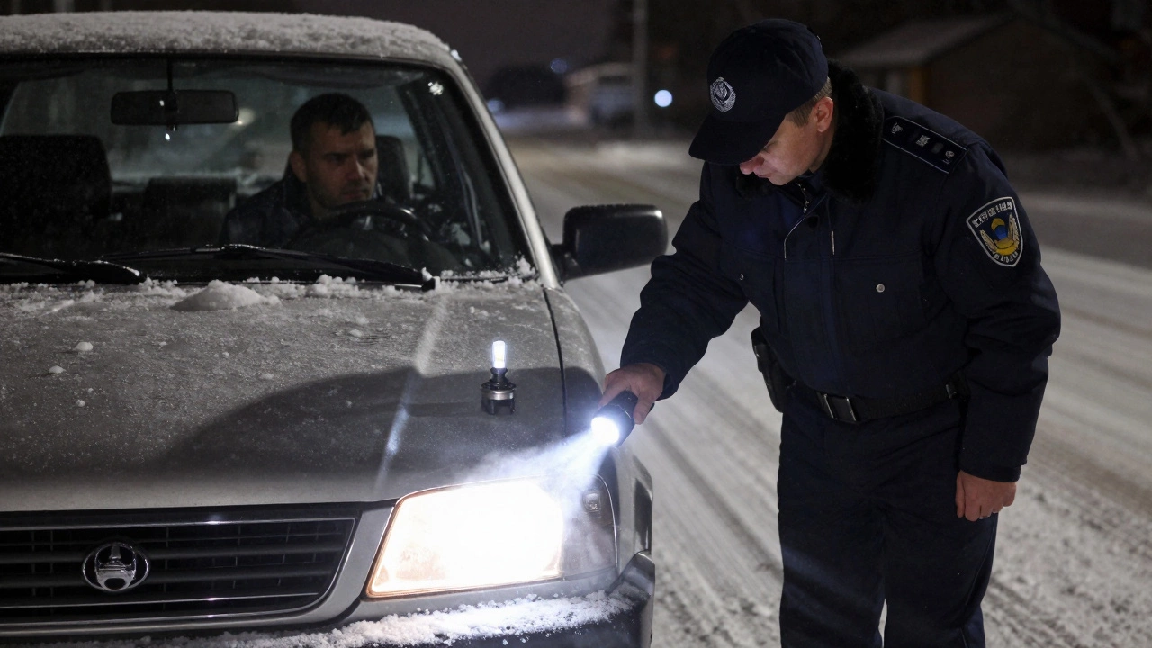 Инспектор ГИБДД проверяет незаконные светодиодные лампы в фаре