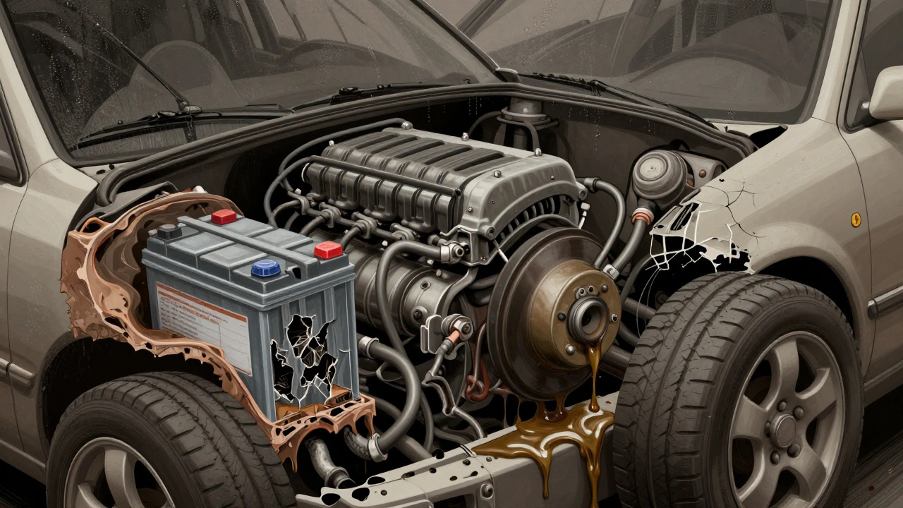 Разрез автомобиля, показывающий разрушенные аккумулятор, тормозные магистрали и загустевшее масло.