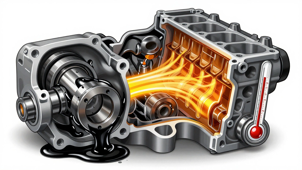 Разрез двигателя: с одной стороны грязное масло, с другой — чистое синтетическое, под тепловыми волнами.
