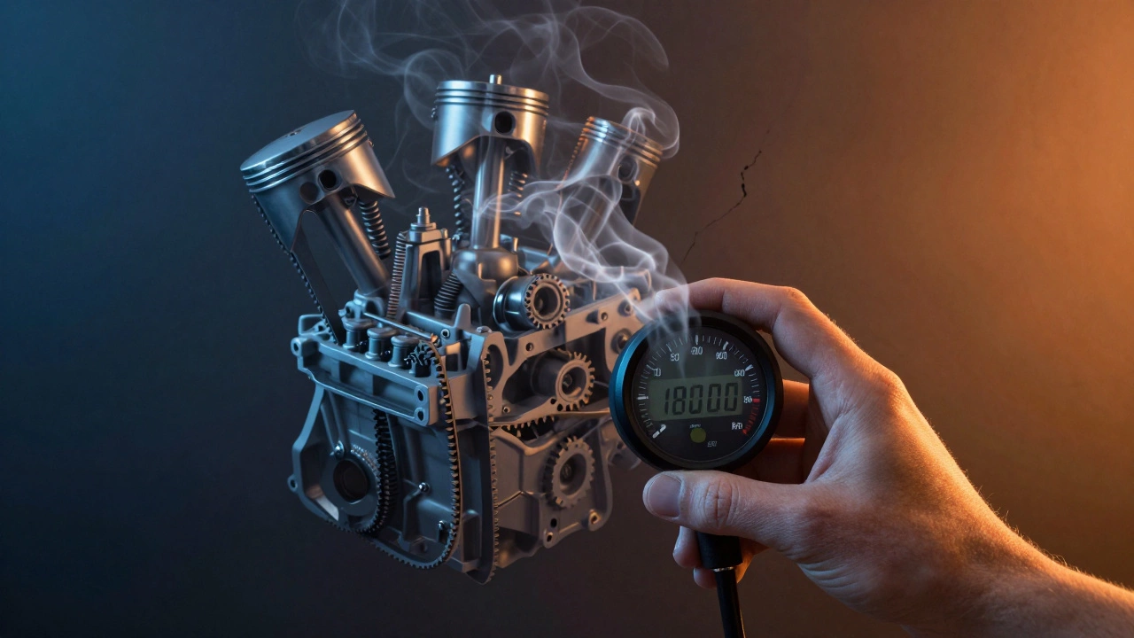Рука держит одометр с пробегом 180 000 км, из него поднимаются формы здоровых деталей двигателя на фоне тёмного разрушающегося блока.