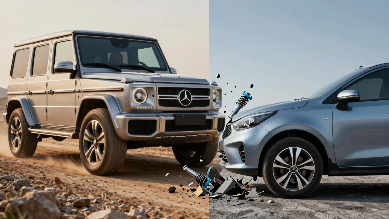 Сравнение: Mercedes G-Class на нормальных колесах и Kia Rio с разрушенной подвеской после попадания в яму.