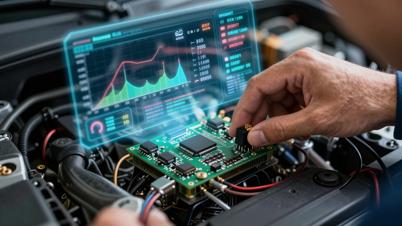 Техник устанавливает прошивку ЭБУ, отображаются параметры оптимизации турбонаддува и подачи топлива