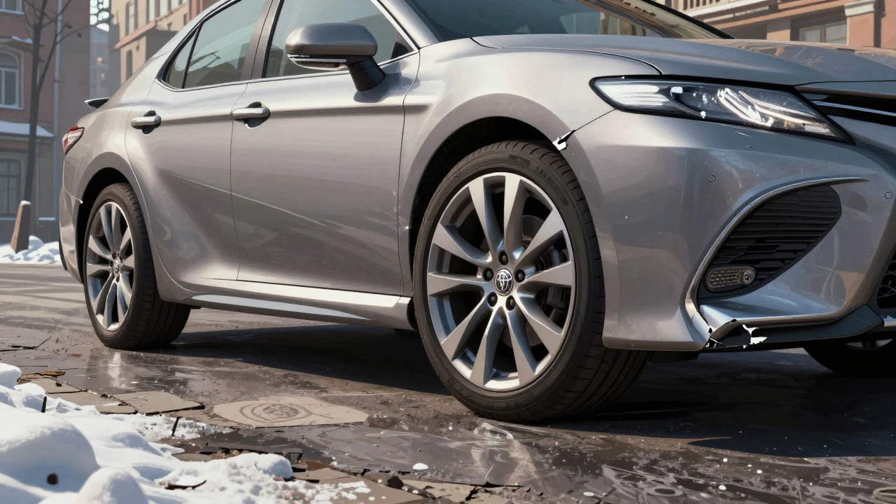 Toyota Camry с огромными дисками, задевающими арки при повороте, с поврежденным пластиком и деформированным кузовом.