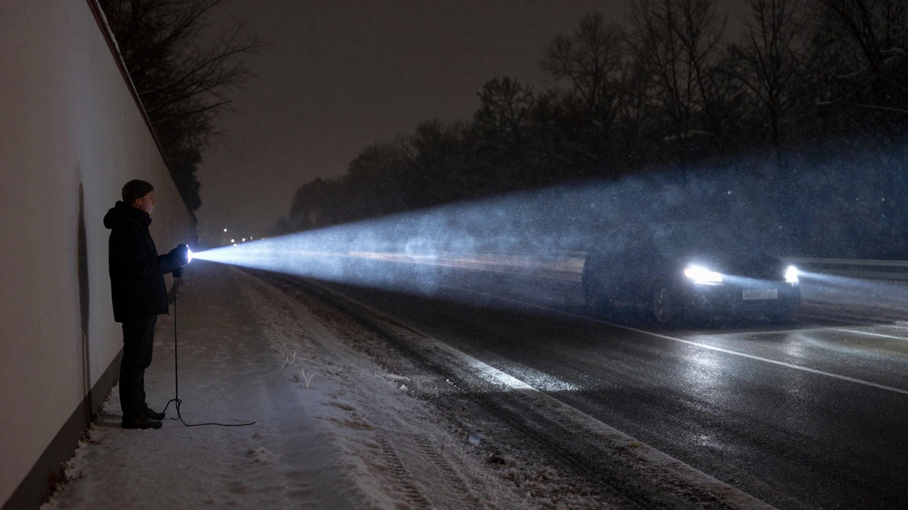 Водитель проверяет свет фар на стене: один пучок чёткий, другой — рассеянный и синий, за окном снегопад.
