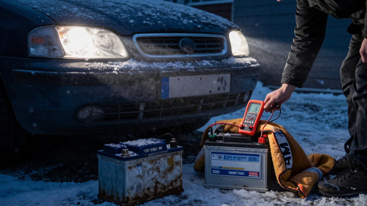 Зимняя ночь: человек проверяет заряд аккумулятора вольтметром, рядом лежит старый корродированный аккумулятор, новый — в термокожухе.