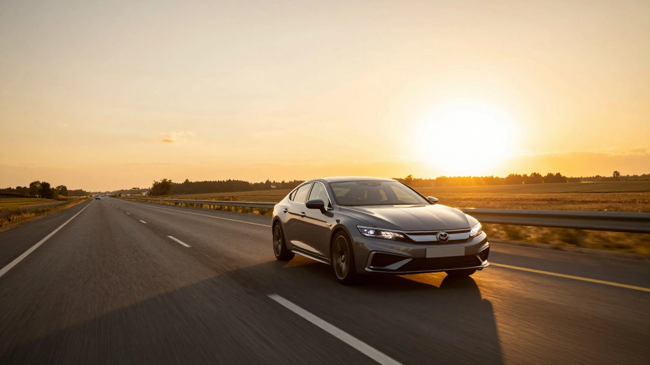 Автомобиль движется по открытой трассе в теплый закат