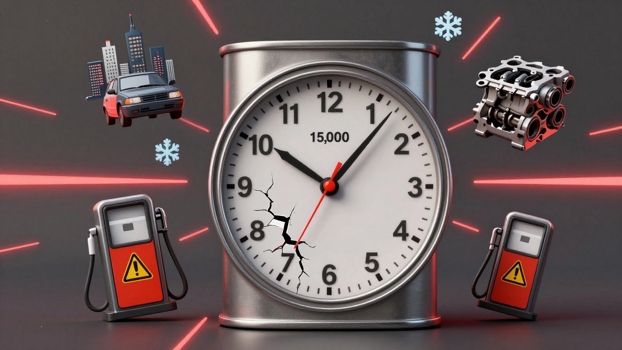 Часы на масляной канистре с символами городской езды, холода и плохого топлива, вокруг треснувшего двигателя.