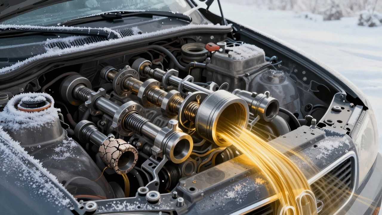 Холодный двигатель на утреннем морозе, визуализация сухого трения в поршневых кольцах и шатунных подшипниках до прогрева.