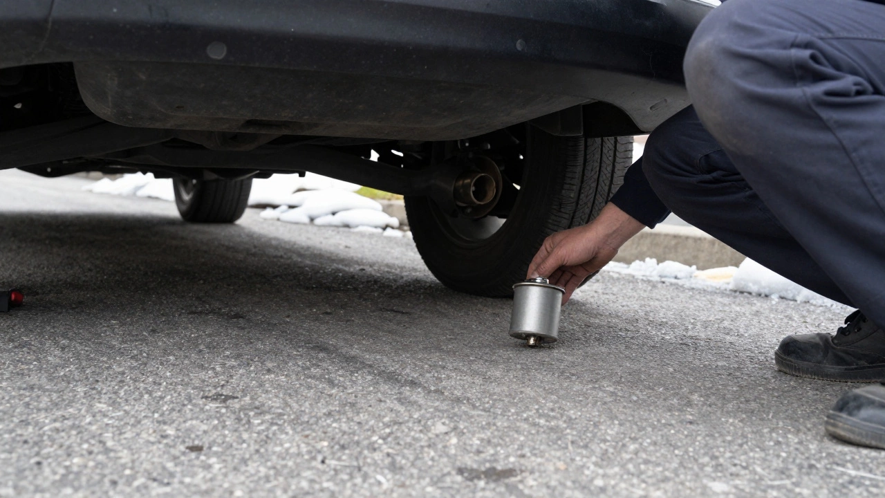 Инспекция нижней части машины на утечки при наличии снега