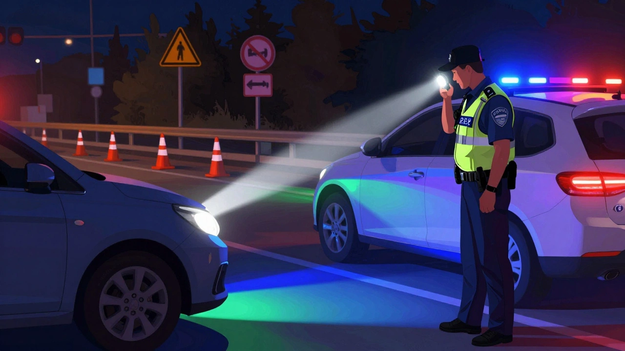 Инспектор проверяет цветные фары автомобиля