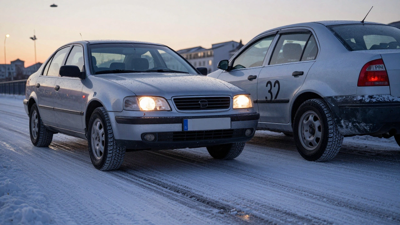 Контраст: машина с всесезонками скользит на льду, а с зимними шинами — уверенно останавливается.