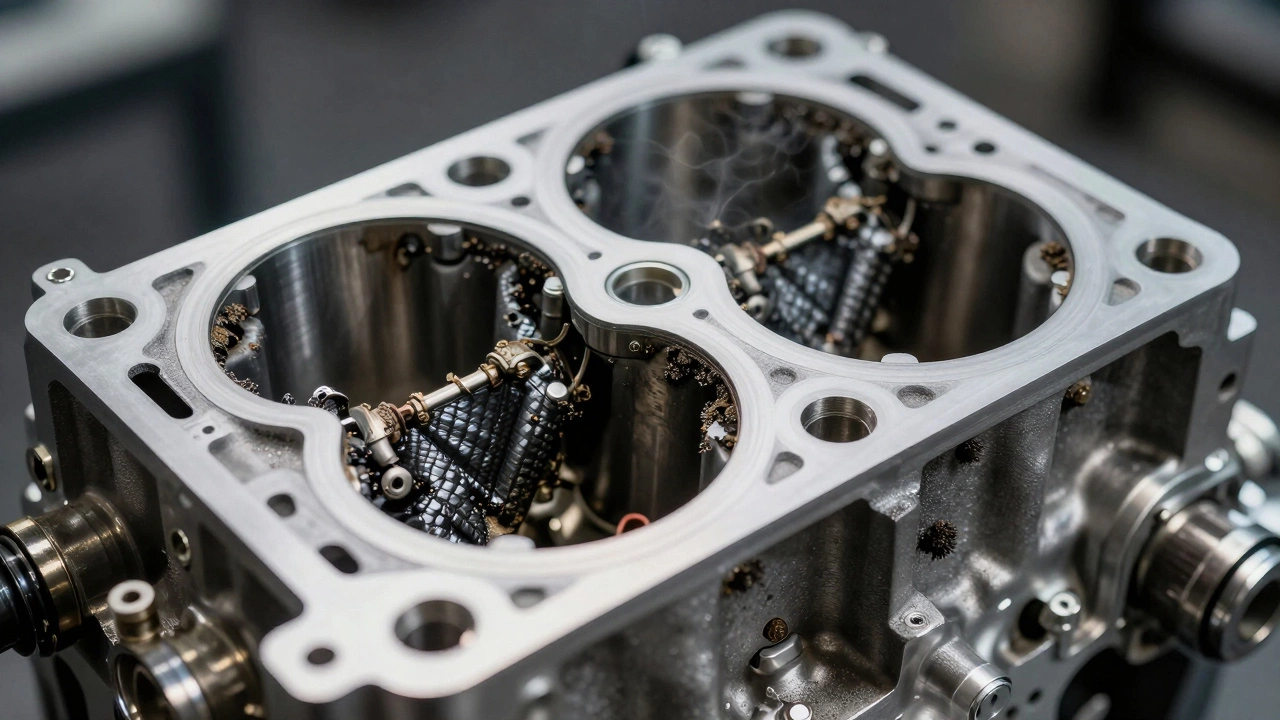 Макрофотография деталей двигателя с отложениями нагара