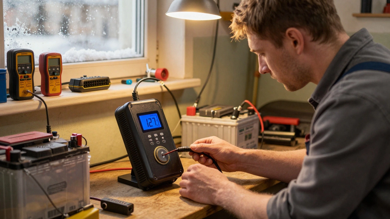 Механик подключает умное зарядное устройство к аккумулятору в тёплой гаражной мастерской.