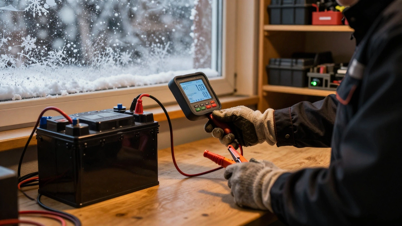 Механик проверяет напряжение автомобильной батареи зимой