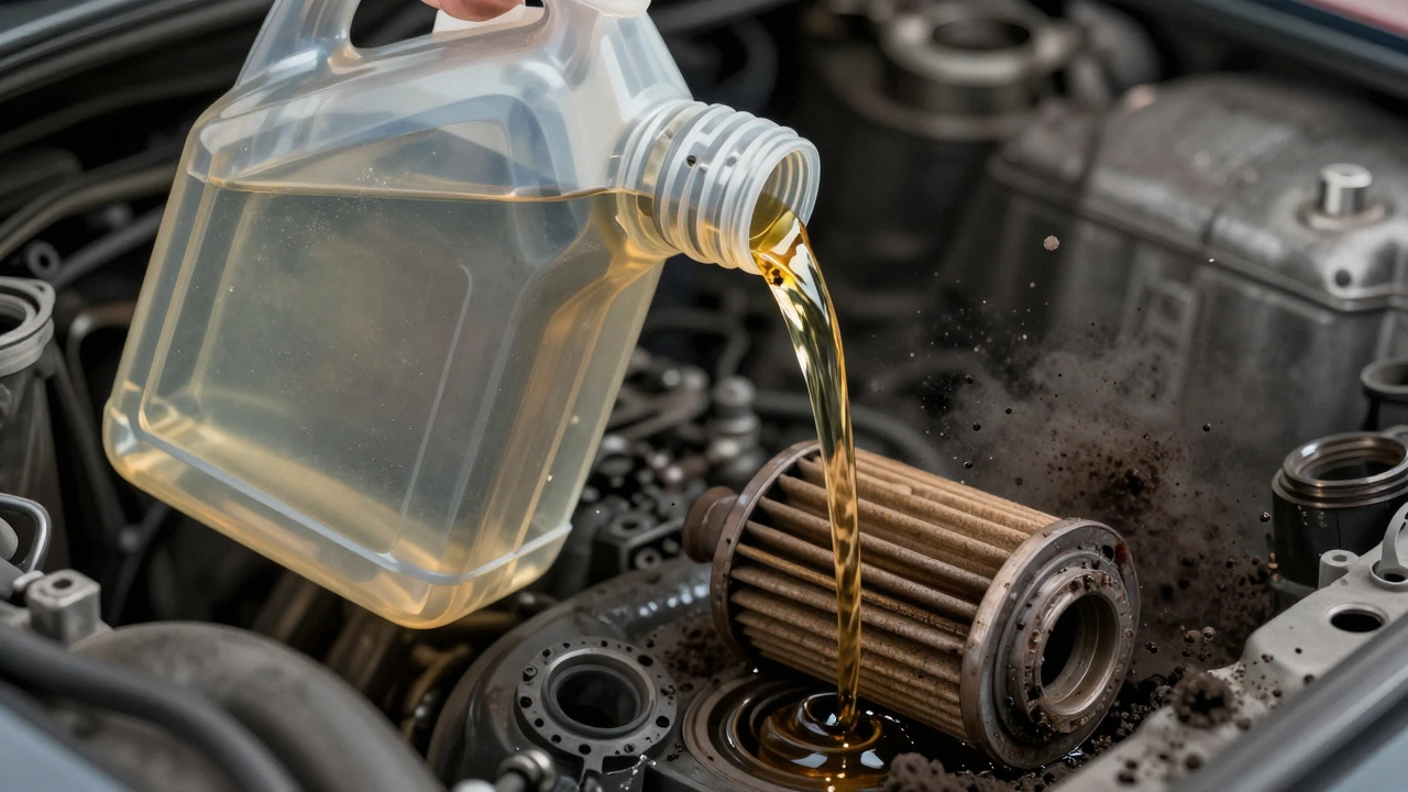 Прозрачный двигатель показывает поток чистого масла через новый фильтр, в то время как старый фильтр и треснувшая прокладка лежат рядом.