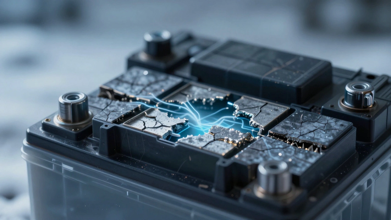 Разрез аккумулятора: здоровые пластины с током против изношенных, покрытых сульфатом.