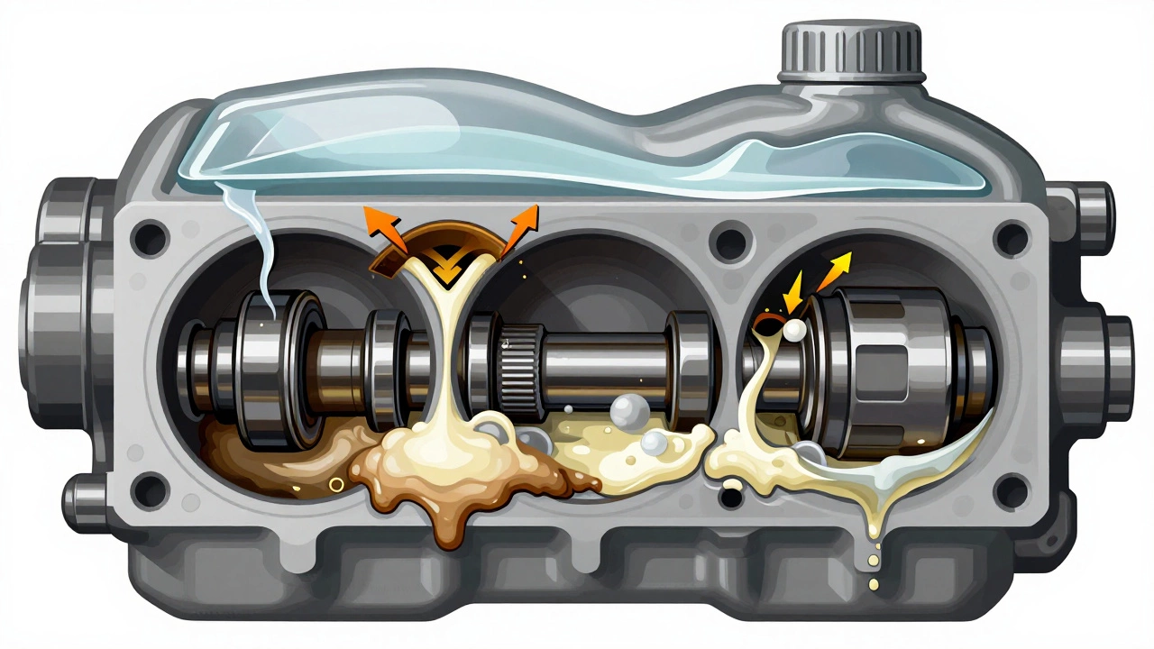 Разрез двигателя, показывающий чистое масло сверху и шлам внизу с водяной эмульсией.