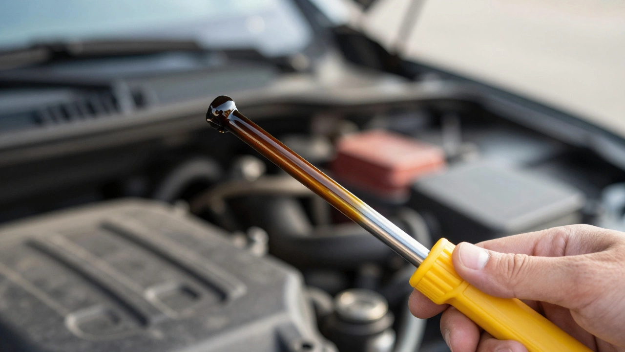 Рука держит щуп проверки масла рядом с открытым капотом