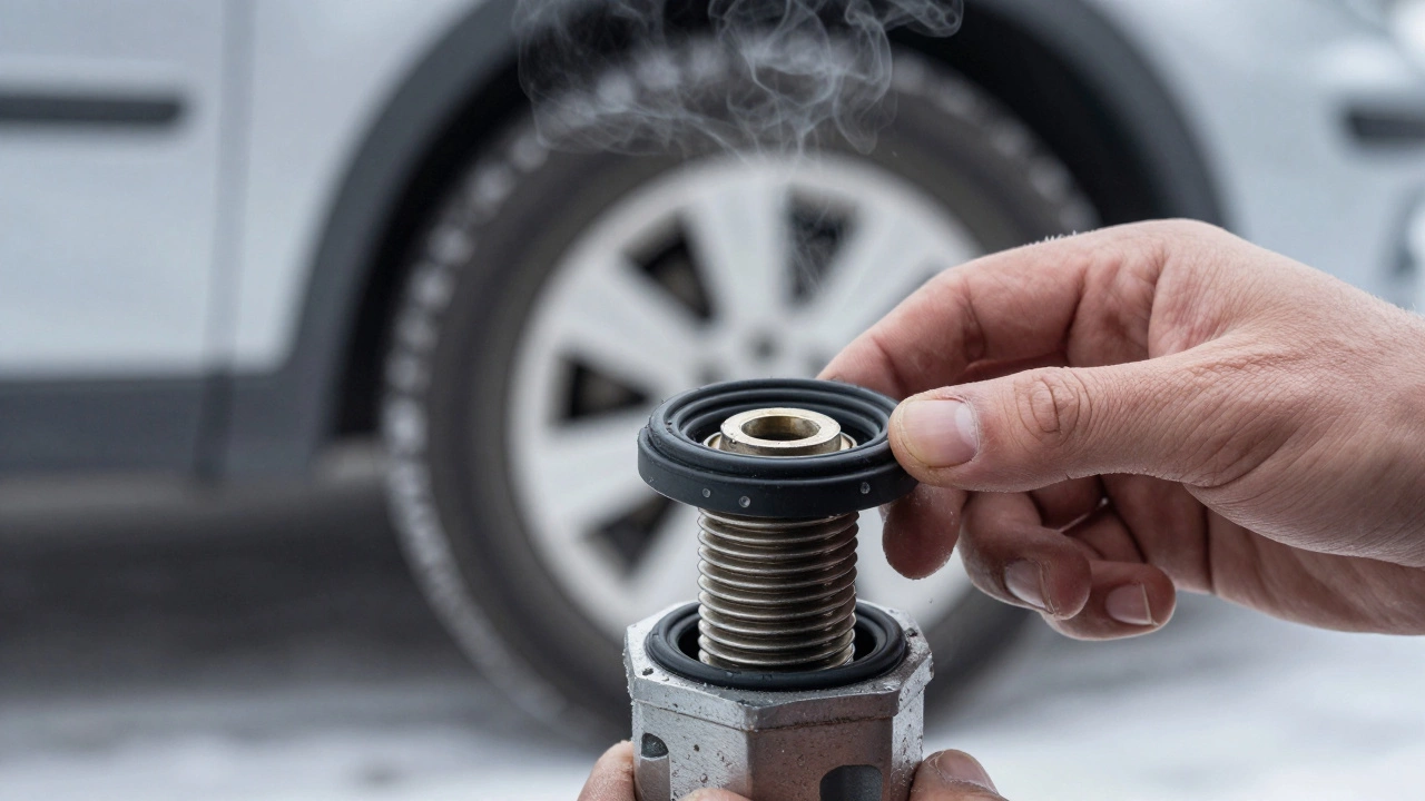 Рука устанавливает новое уплотнительное кольцо на масляный фильтр, капли масла блестят на резьбе, на заднем плане — зимний гараж.