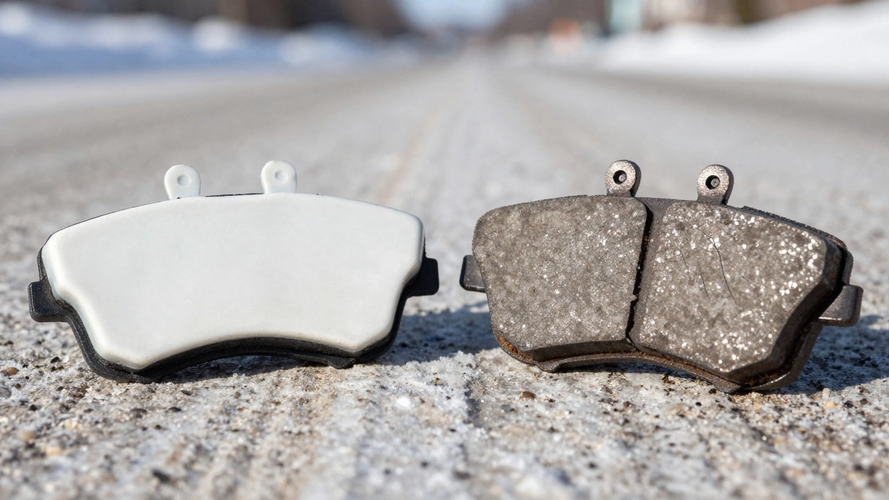 Сравнение керамических и полуметаллических тормозных колодок: одна чистая, другая изношенная с налётами песка и пыли.