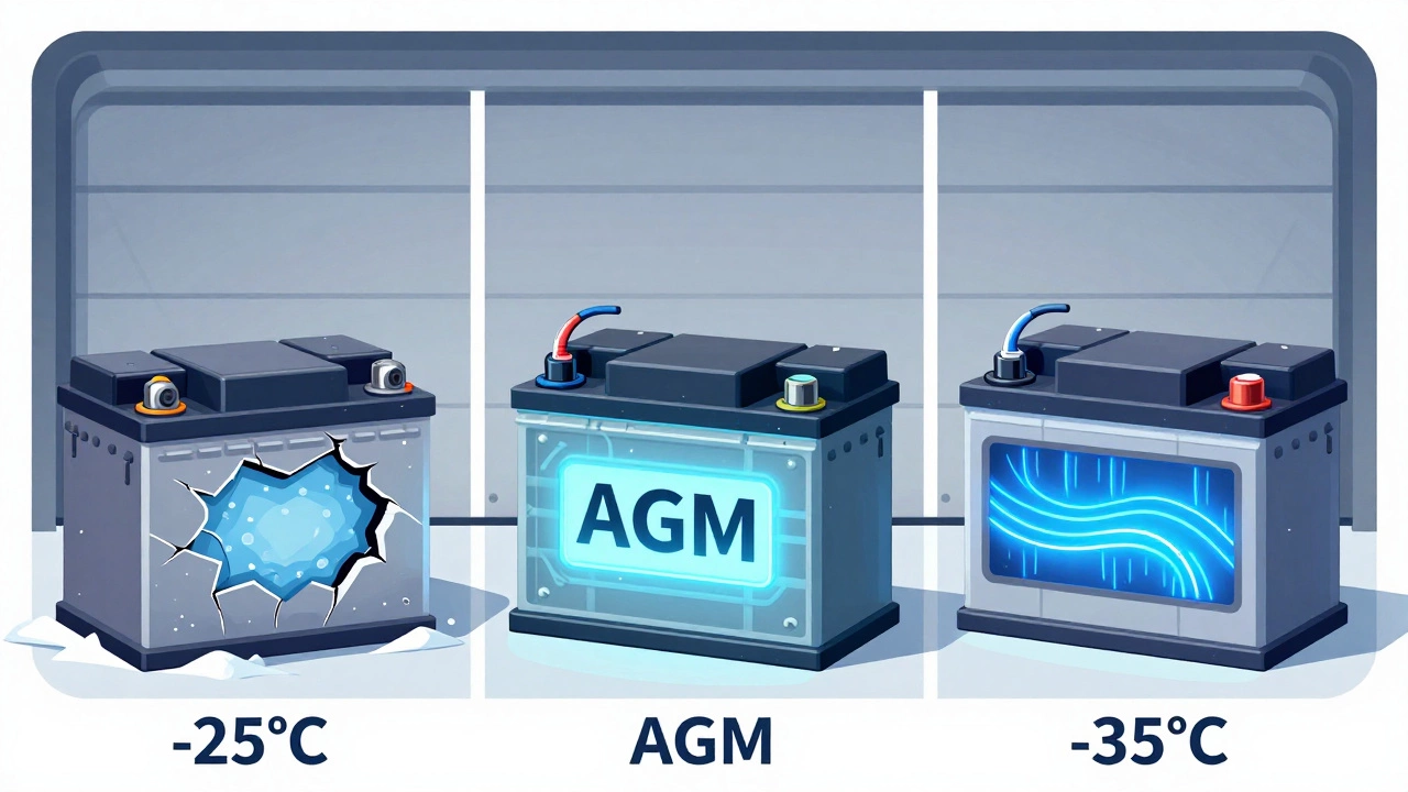 Сравнительная схема трех типов автомобильных аккумуляторов в условиях мороза: свинцово-кислотный, AGM и гелевый с визуализацией их заряда.