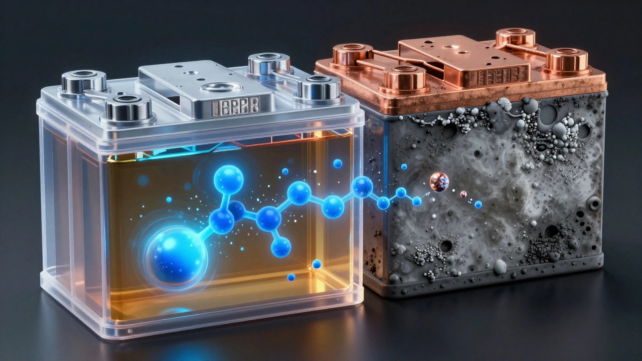 Срез аккумулятора с показанием химического старения внутри