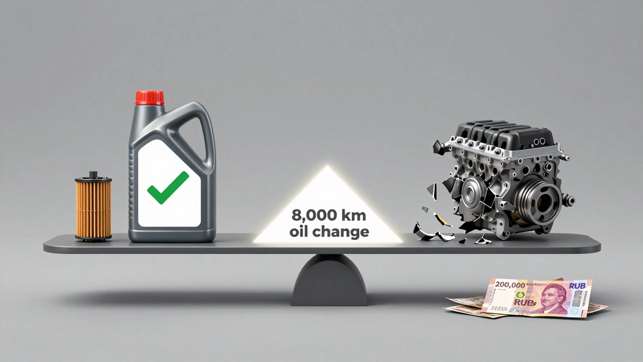 Весы: с одной стороны — масло и фильтр, с другой — разрушенный двигатель и деньги; между ними путь к регулярному обслуживанию.