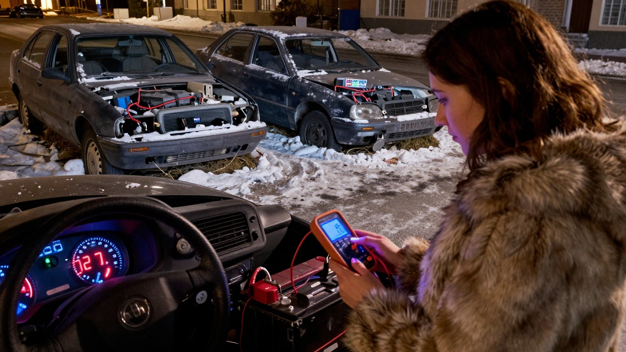 Женщина измеряет напряжение аккумулятора мультиметром на улице Перми, за спиной — три машины с разными батареями, одна из которых выделена как надежная.