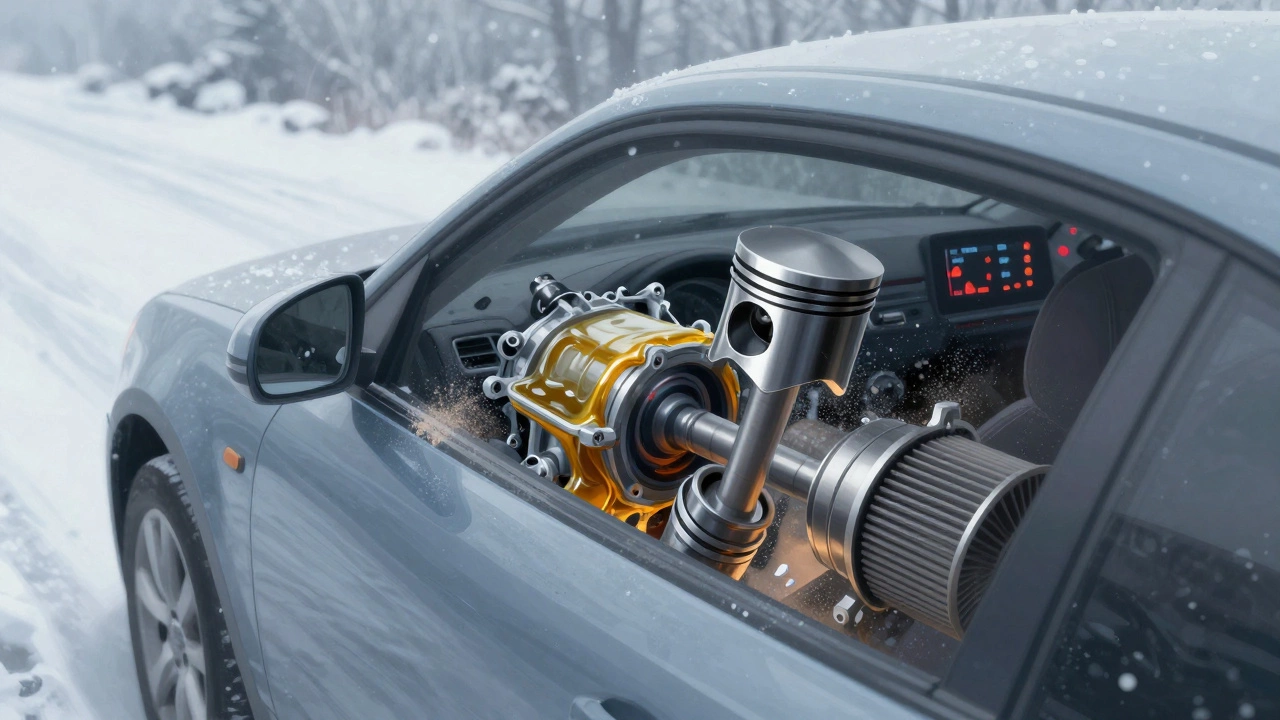 Зимняя поездка с внутренним видом двигателя: густое масло не смазывает цилиндр, в камеру попадает пыль, горят предупреждающие лампы.